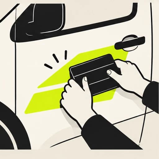 Illustration of hands smoothing lime vinyl onto a van door with a squeegee